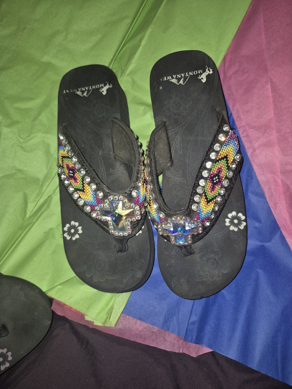 Montana West Black Beaded Rhinestone Thong Sandals with Multicolor Accents